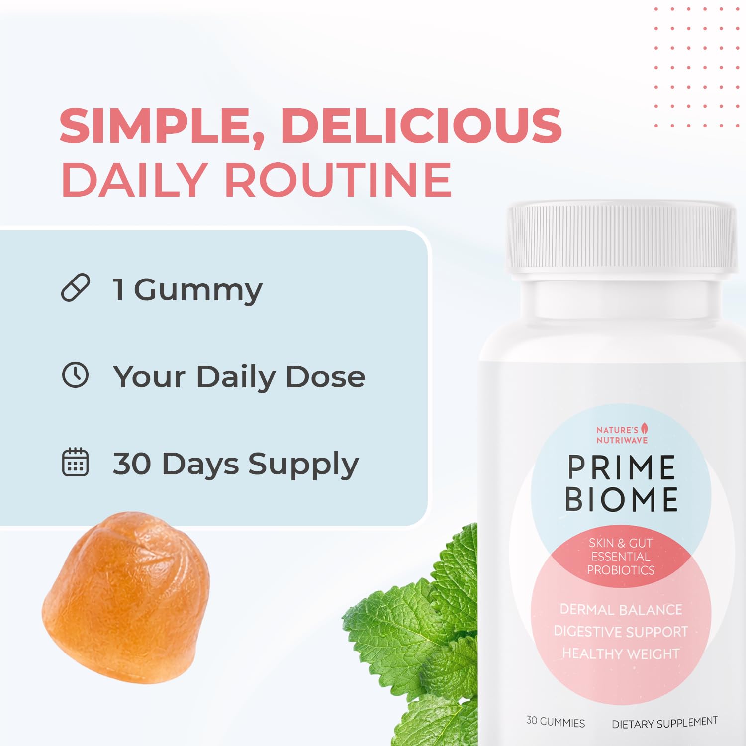 Nature’s NutriWave PrimeBiome Probiotic Gummies – Plant-Based Blend with Inulin, Lion’s Mane, Ginger & More– Non-GMO, No Stimulants, GMP Certified – 30 Gummies, 6 Month Supply - Maple Wellness Supplements
