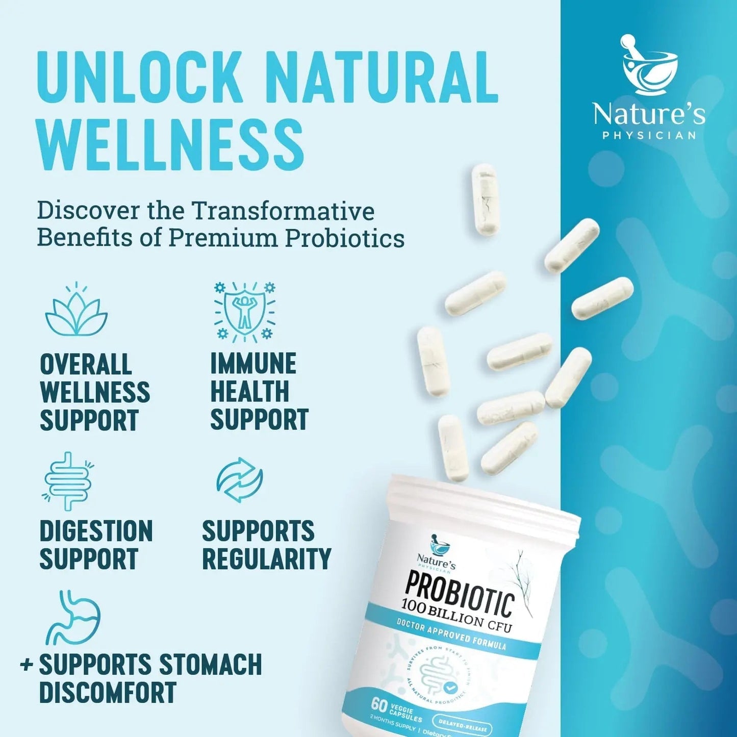 Nature's Physician Probiotics - 100 Billion CFU - 16 Strains + Prebiotics - Best Probiotic Supplement for Women & Men - Supports Immune, Digestive Health, Occasional Constipation & Gas - 60 Capsules - Maple Wellness Supplements
