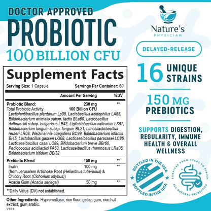 Nature's Physician Probiotics - 100 Billion CFU - 16 Strains + Prebiotics - Best Probiotic Supplement for Women & Men - Supports Immune, Digestive Health, Occasional Constipation & Gas - 60 Capsules - Maple Wellness Supplements