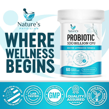 Nature's Physician Probiotics - 100 Billion CFU Per Capsule - 16 Strains + Prebiotics - Best Probiotic Supplement for Women & Men - Supports Immune, - Maple Wellness Supplements