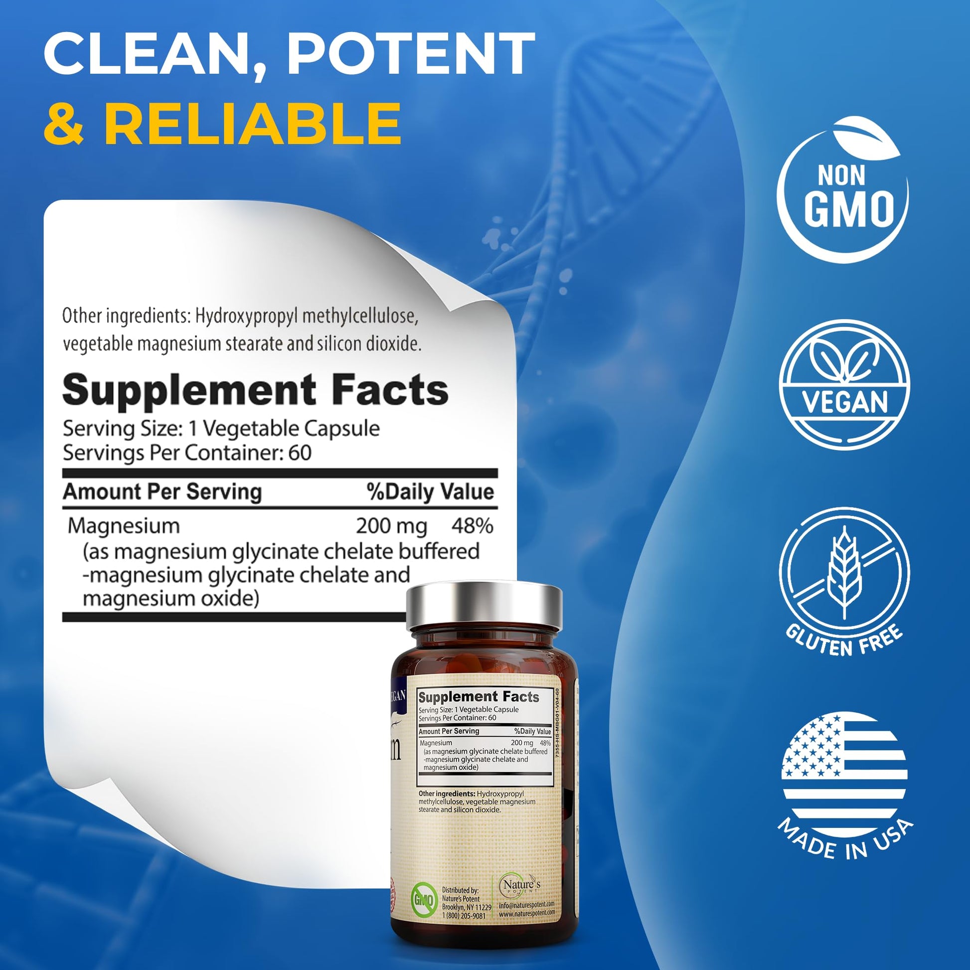 Nature’s Potent Magnesium Glycinate 200mg | High Absorption Chelated Magnesium | Sleep, Calm & Muscle Cramp Support | Vegan Supplement | 60 Capsules - Maple Wellness Supplements