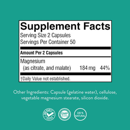 Nature’s Sunshine Magnesium Complex - High Potency Magnesium Supplement with Citrate & Malate for Relaxation, Optimal Absorption, Muscle Function, Energy Production - 50 Servings (100 Capsules) - Maple Wellness Supplements