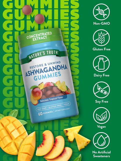 Nature's Truth Ashwagandha Gummies | 60 Count | Tropical Flavor | Vegan, Non-GMO, & Gluten Free Supplement - Maple Wellness Supplements