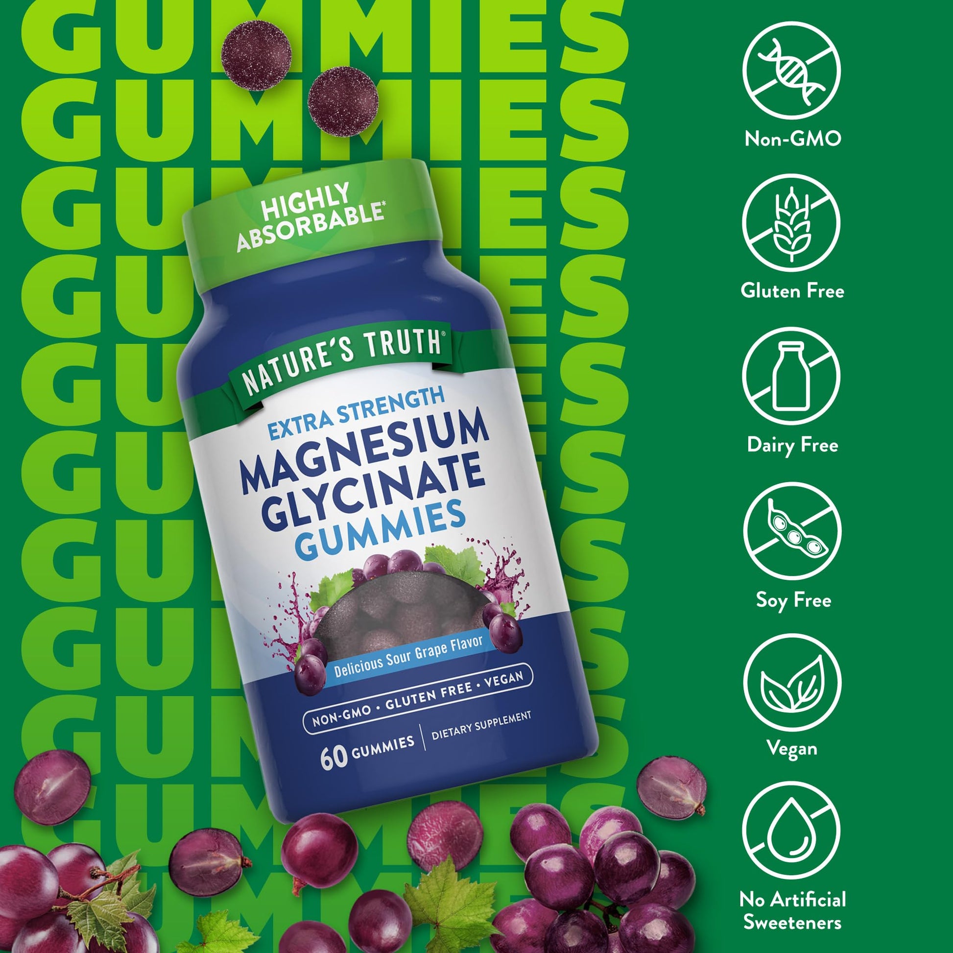 Nature's Truth Magnesium Glycinate Gummies | 60 Count | Sour Grape Flavor | Vegan, Non-GMO & Gluten Free Supplement - Maple Wellness Supplements