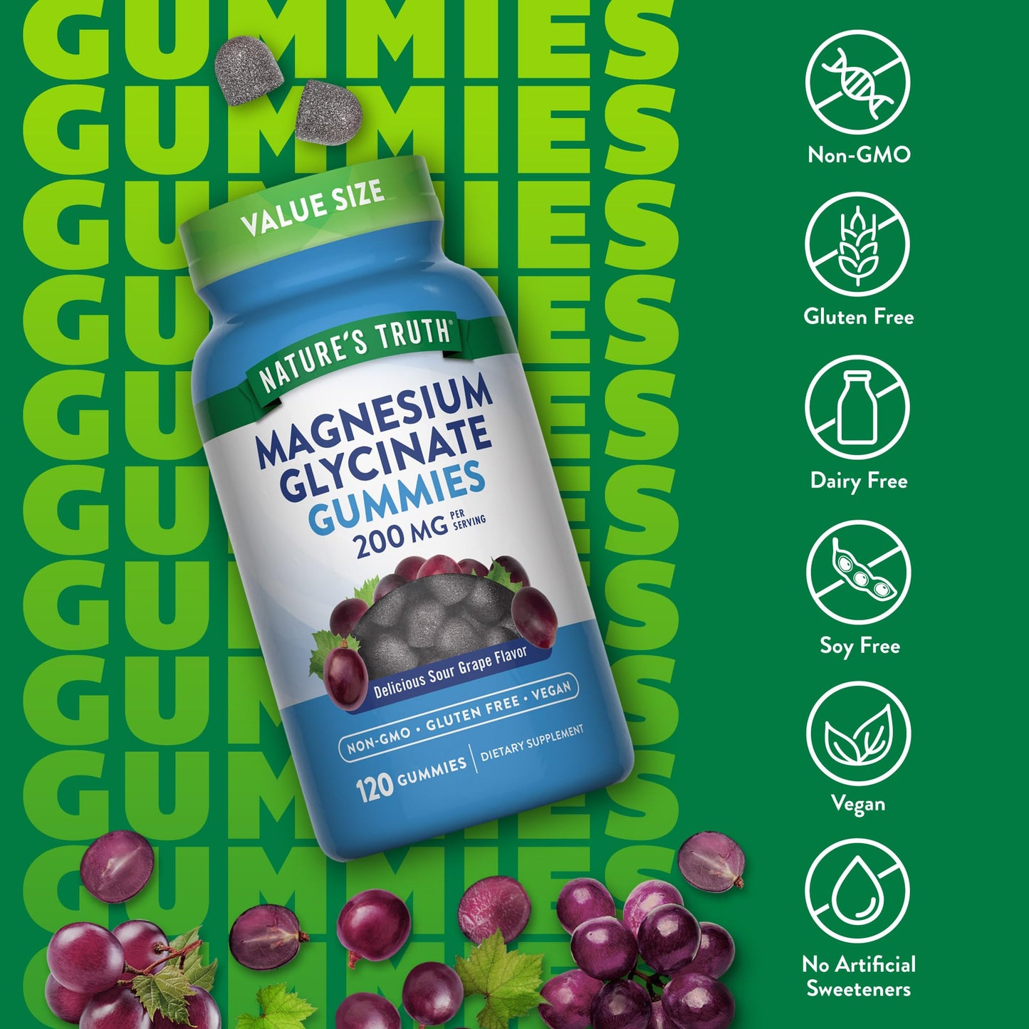 Nature's Truth Magnesium Glycinate Gummies for Adults | 200mg | 120 Count | Grape Flavor | Vegan, Non-GMO & Gluten Free Supplement - Maple Wellness Supplements