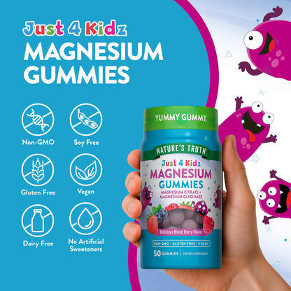 Nature's Truth Magnesium Gummies for Kids | Glycinate & Citrate | 50 Count | Mixed Berry Flavor | Vegan, Non-GMO - Maple Wellness Supplements