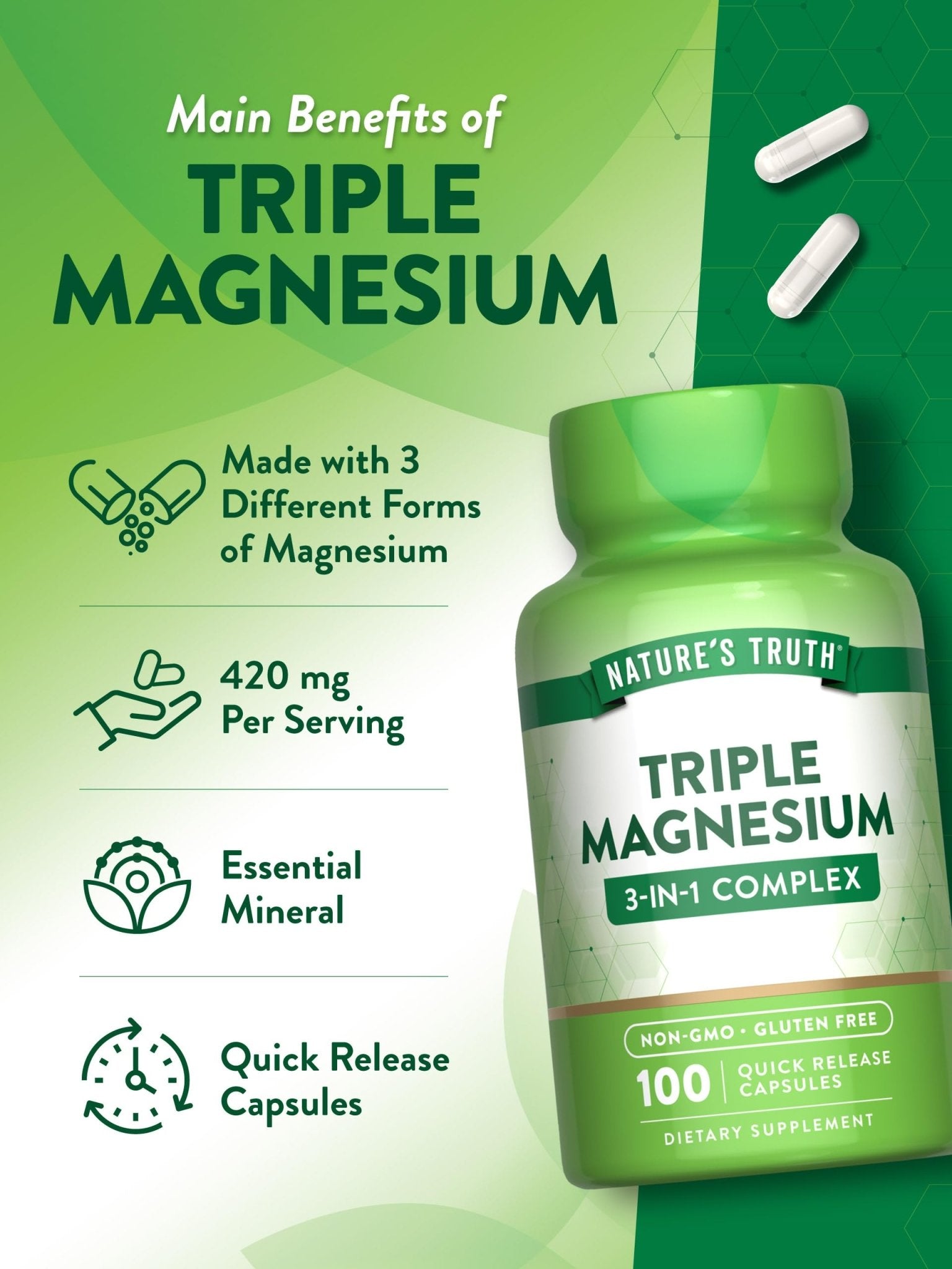 Nature's Truth Triple Magnesium Complex Supplement | 100 Capsules | 420 mg Magnesium Oxide, Citrate & Aspartate | Non-GMO & Gluten Free - Maple Wellness Supplements