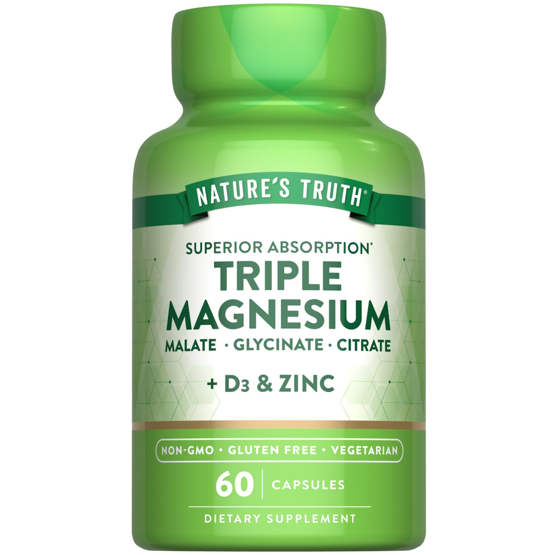 Nature's Truth Triple Magnesium Complex Supplement | 60 Capsules | Glycinate, Citrate & Malate | with D3 & Zinc | Vegetarian, Non-GMO, & Gluten Free - Maple Wellness Supplements