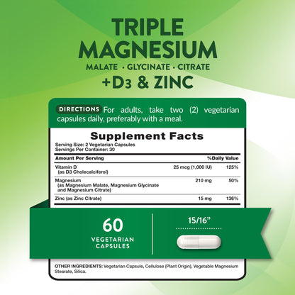 Nature's Truth Triple Magnesium Complex Supplement | 60 Capsules | Glycinate, Citrate & Malate | with D3 & Zinc | Vegetarian, Non-GMO, & Gluten Free - Maple Wellness Supplements