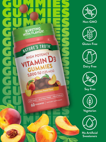 Nature's Truth Vitamin D3 Gummies | 5000 IU | 60 Count | Peach Flavor | Vegetarian, Non-GMO & Gluten Free Supplement - Maple Wellness Supplements