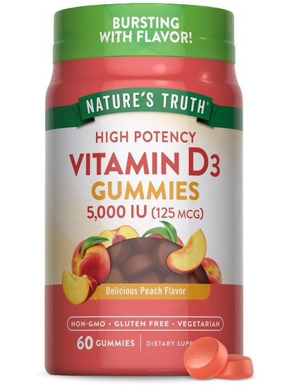 Nature's Truth Vitamin D3 Gummies | 5000 IU | 60 Count | Peach Flavor | Vegetarian, Non-GMO & Gluten Free Supplement - Maple Wellness Supplements
