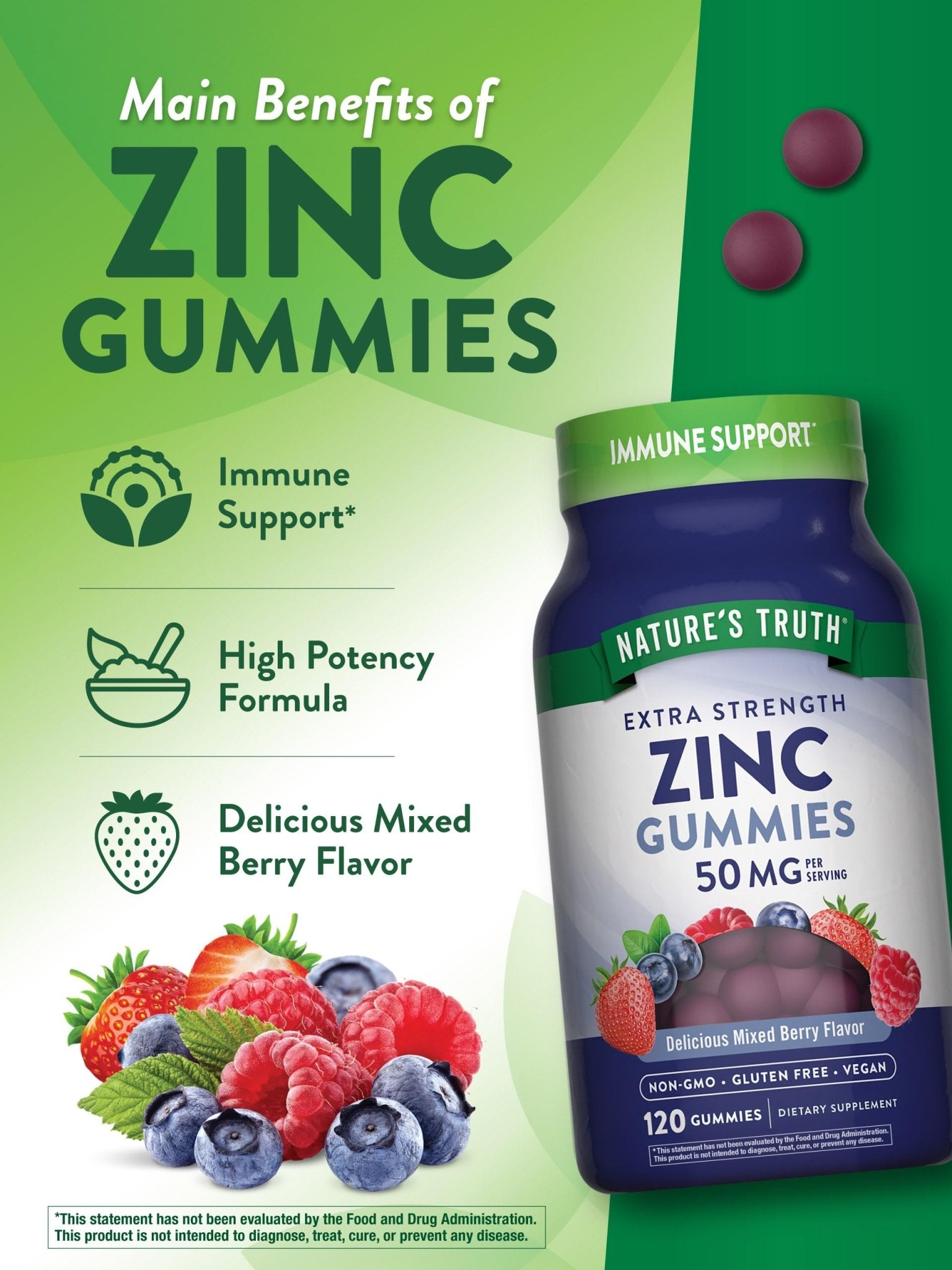 Nature's Truth Zinc Gummies for Adults | 50mg | 120 Count | Vegan, Non-GMO & Gluten Free Supplement | Mixed Berry Flavor - Maple Wellness Supplements
