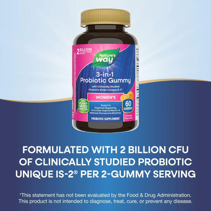 Nature’s Way 3-in-1 Women’s Probiotic Gummies, Reduces Occasional Bloating*, Supports Digestive & Vaginal Health*, Clinically Studied Probiotic Strain, Gluten Free, Orange Flavored, 60 Gummies - Maple Wellness Supplements