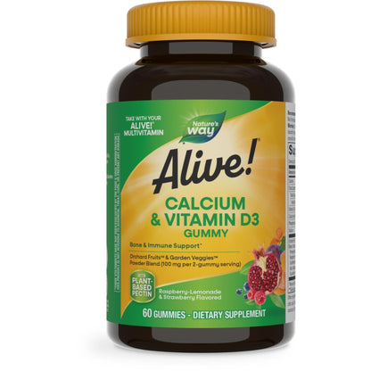 Nature’s Way Alive! Chewable Calcium Gummies with Vitamin D3, Daily Supplement Supports Healthy Bones and Teeth, and Muscle Function*, Strawberry and Raspberry - Maple Wellness Supplements