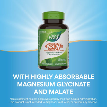 Nature's Way Magnesium Glycinate Complex, Supports Heart, Muscle, Nerve Function*, Highly Absorbable, 220 mg per 2-Tablet Serving, No Gluten, Vegan, 120 Tablets - Maple Wellness Supplements
