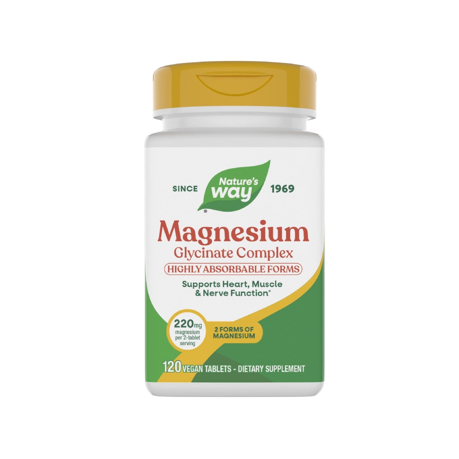 Nature's Way Magnesium Glycinate Complex, Supports Heart, Muscle, Nerve Function*, Highly Absorbable, 220 mg per 2-Tablet Serving, No Gluten, Vegan, 120 Tablets - Maple Wellness Supplements