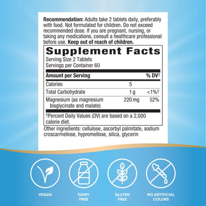 Nature's Way Magnesium Glycinate Complex, Supports Heart, Muscle, Nerve Function*, Highly Absorbable, 220 mg per 2-Tablet Serving, No Gluten, Vegan, 120 Tablets - Maple Wellness Supplements