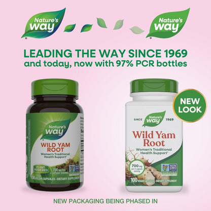 Nature's Way Wild Yam Root Capsules, Women's Traditional Health Support*, 700 mg per 2-Capsule Serving, Non-GMO Project Verified, 100 Vegan Capsules (Packaging May Vary) - Maple Wellness Supplements
