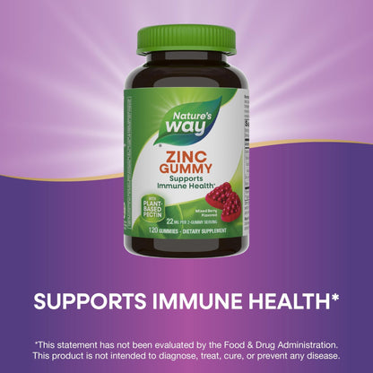 Nature's Way Zinc Gummies, Adult & Kids 9+ Immune Support Gummies*, 100% Daily Value per Serving, Mixed Berry Flavor, 120 Chews - Maple Wellness Supplements