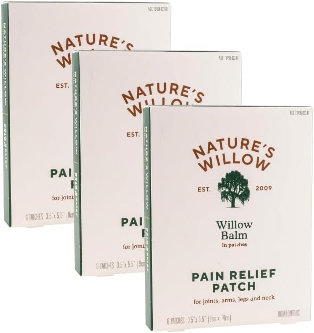 Nature's Willow Natural Pain Relief Patches for Muscles & Joints | Fast-Acting with White Willow Bark | Free from Artificial Fragrances & Dyes | 6 Patches per Pack (3-Pack) - Maple Wellness Supplements