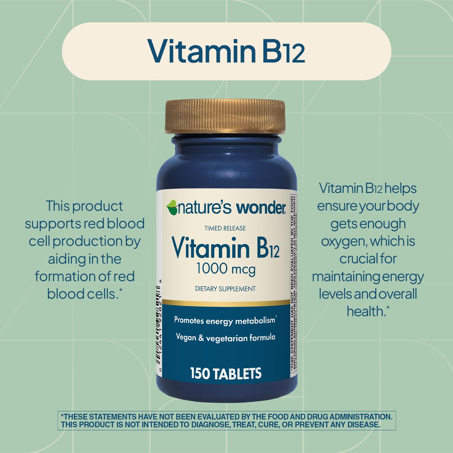 Nature's Wonder Vitamin B12 1000 mcg Timed Release Tablets for Energy Metabolism, Supports Brain Health and Nervous System Health - Maple Wellness Supplements