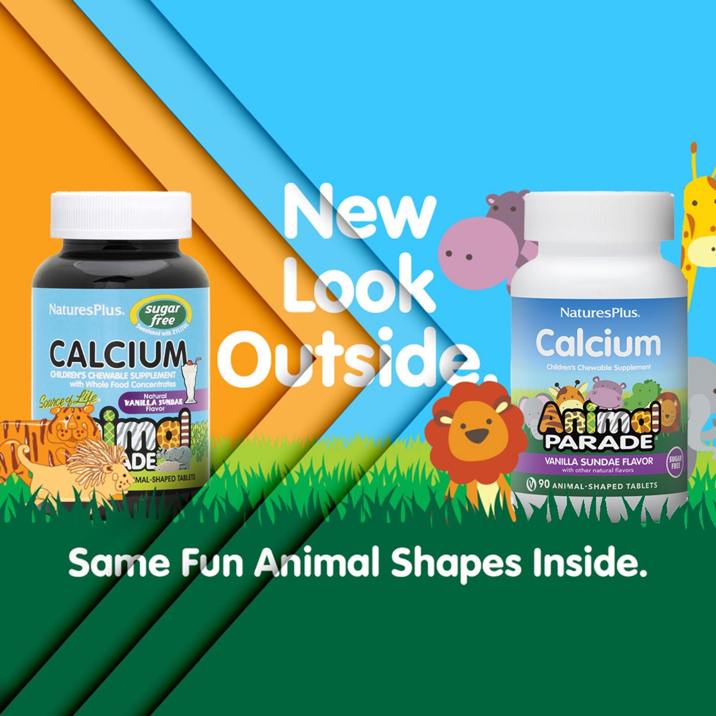 NaturesPlus Animal Parade Sugar-Free Children's Calcium, Vanilla Sundae Flavor - 90 Chewable Animal Shaped Tablets, Pack of 2 - Magnesium for Bone Health - Gluten Free - 90 Servings - Maple Wellness Supplements