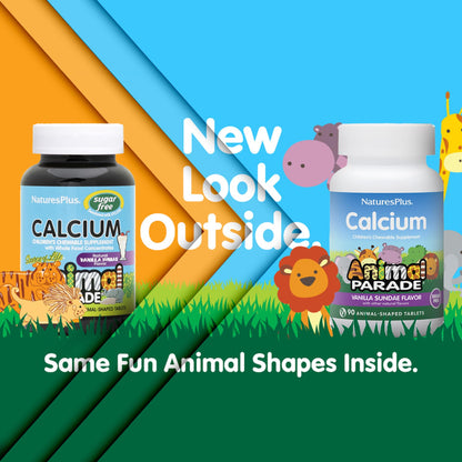 NaturesPlus Animal Parade Sugar-Free Children's Calcium, Vanilla Sundae Flavor - 90 Chewable Animal Shaped Tablets, Pack of 2 - Magnesium for Bone Health - Gluten Free - 90 Servings - Maple Wellness Supplements