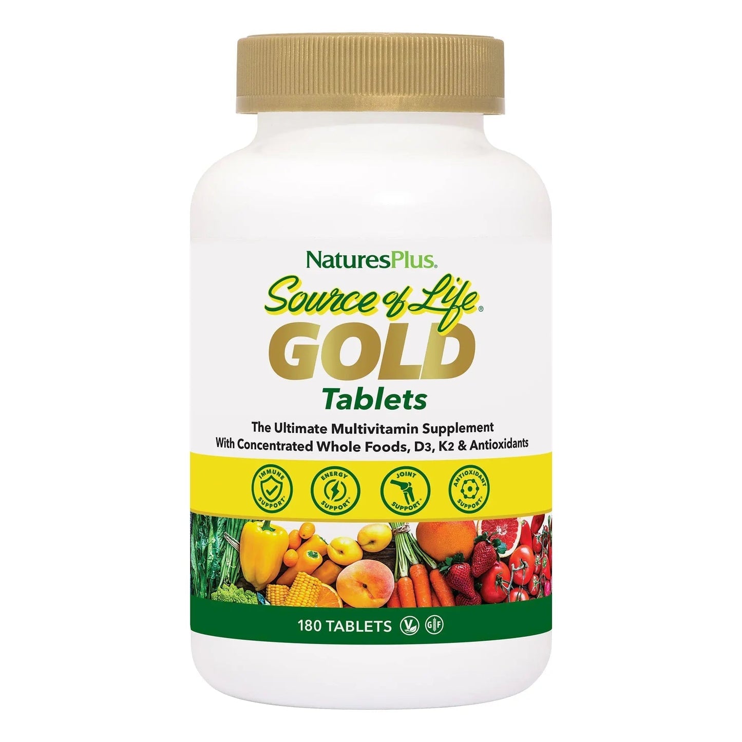 NaturesPlus Source of Life Gold Multivitamin - 180 Tablets - with Vitamins D3 & B12 - Blood, Bone & Immune Support - Vegetarian & Gluten Free - 60 Servings - Maple Wellness Supplements