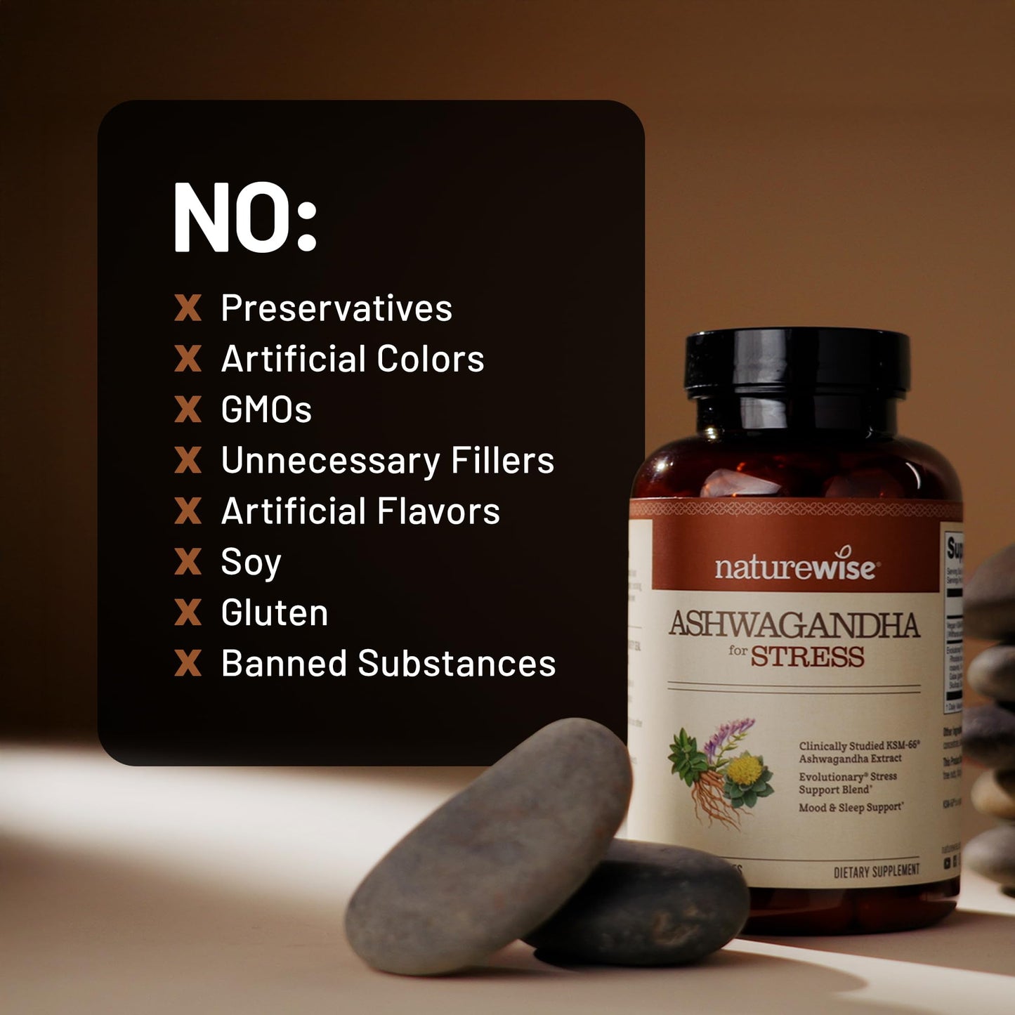 NatureWise Ashwagandha for Stress - With KSM-66 Extract, GABA, L-Theanine, Rhodiola Rosea - Herbal Mood & Sleep Support - Vegan, Non-GMO, Gluten-Free - 60 Capsules[1-Month Supply] - Maple Wellness Supplements