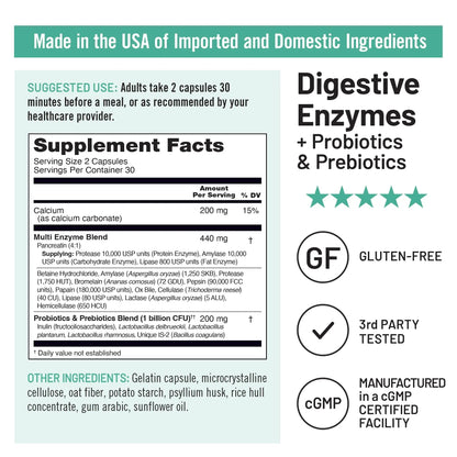 NatureWise Digestive Enzymes - Multi Enzymes with Probiotics + Prebiotics - Post Mealtime Comfort & Bloating Support + Aids Digestion and Gut Health - Soy-Free, Non-GMO - 60 Capsules[1-Month Supply] - Maple Wellness Supplements