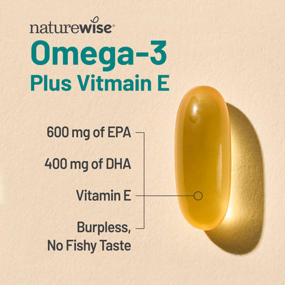 NatureWise Extra-Strength Omega 3 Fish Oil Supplement - 1000mg per Serving - 600 EPA & 400 DHA and Vitamin E - Support for Heart & Brain Health - Lemon Flavor - Maple Wellness Supplements