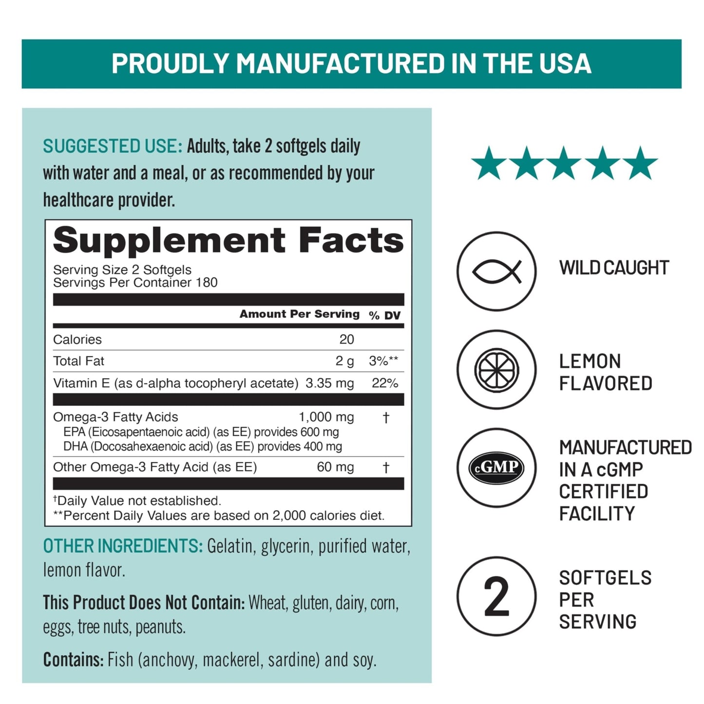 NatureWise Extra-Strength Omega 3 Fish Oil Supplement - 1000mg per Serving - 600 EPA & 400 DHA and Vitamin E - Support for Heart & Brain Health - Lemon Flavor - Maple Wellness Supplements