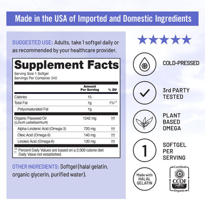 NatureWise Flaxseed Oil 1,242 mg, Fish Free Omega 3 6 9 with 720mg ALA, Dietary Supplement for Heart Health Support - Organic, Cold Pressed, - Maple Wellness Supplements