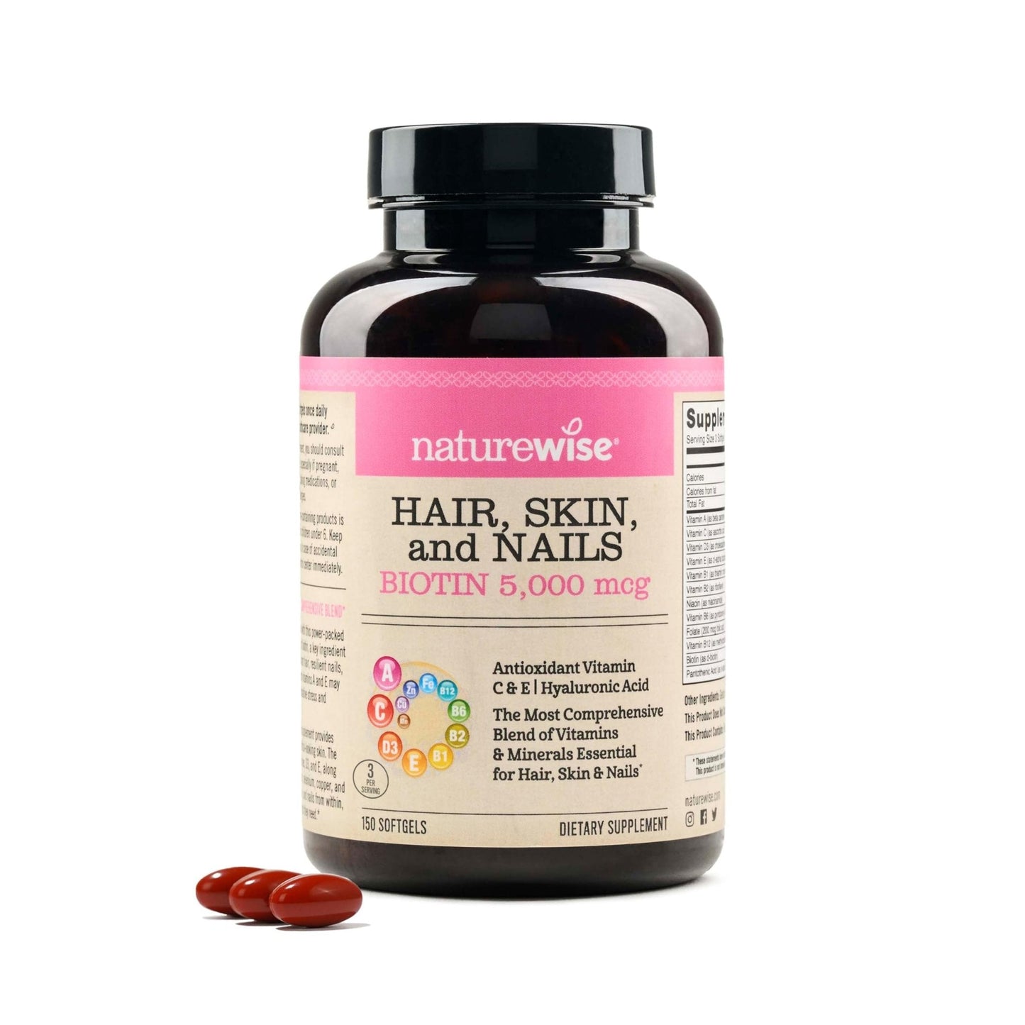 NatureWise Hair Skin and Nails Vitamin, Biotin 5000mcg w/Hyaluronic Acid, Collagen for Women with C, B Complex, D3, A, E, Iron - Maple Wellness Supplements