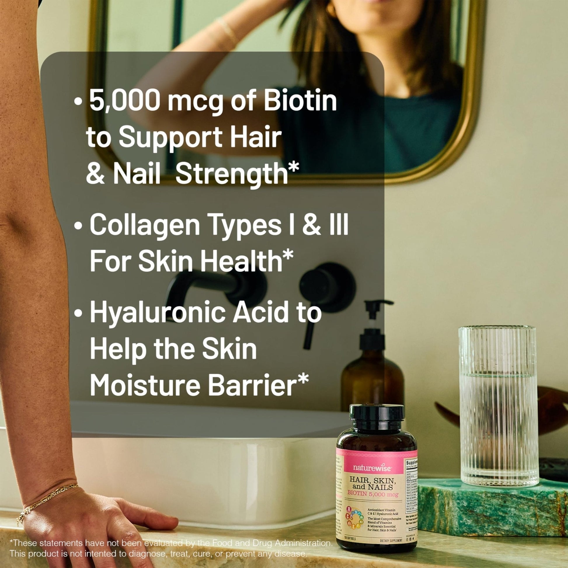 NatureWise Hair Skin and Nails Vitamin, Biotin 5000mcg w/Hyaluronic Acid, Collagen for Women with C, B Complex, D3, A, E, Iron - Maple Wellness Supplements
