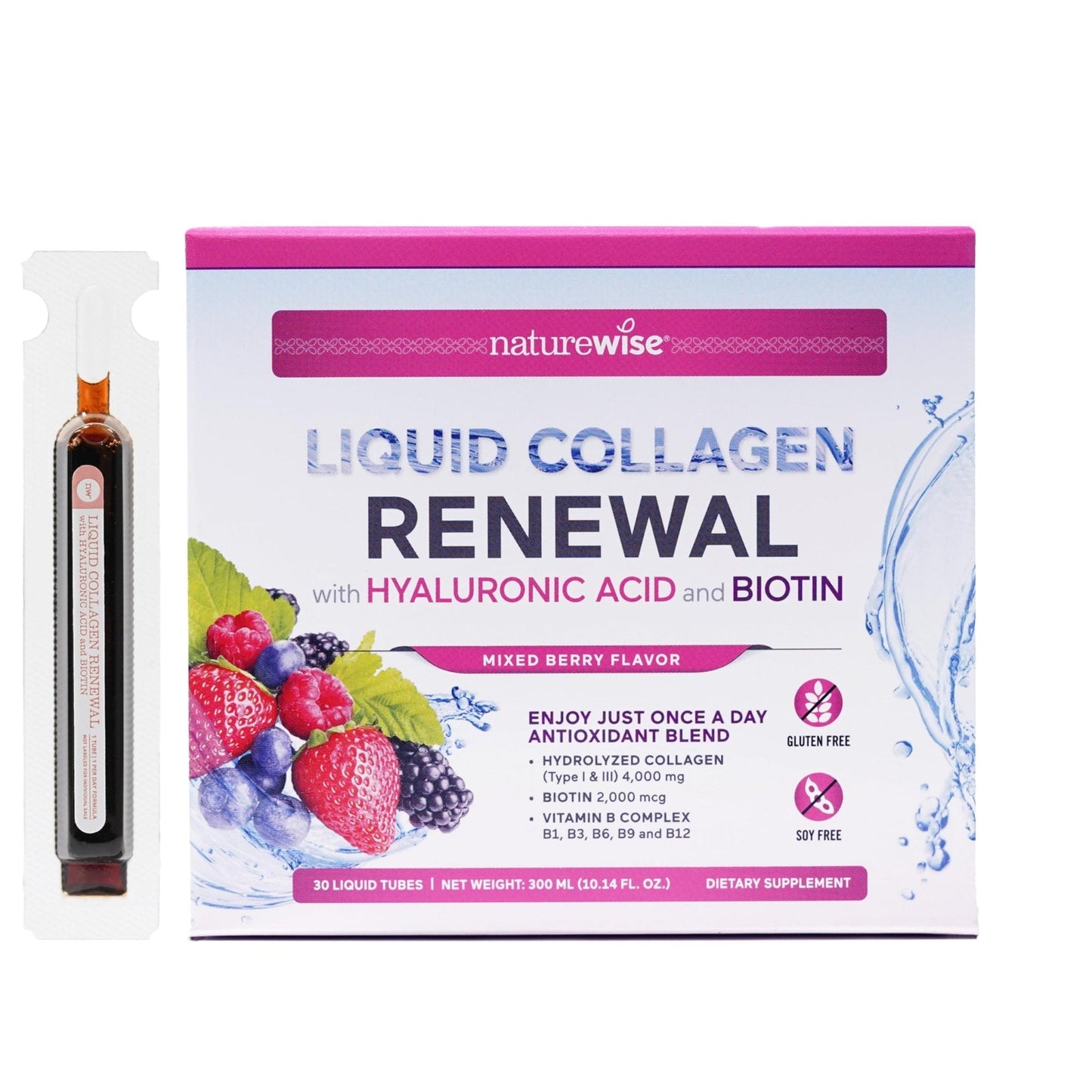 NatureWise Hydrolyzed Liquid Collagen for Women & Men 4000mg - High Absorption, Type 1 & 3 Peptides with Biotin + Vitamin C + Vitamin B Complex & Hyaluronic Acid - Maple Wellness Supplements