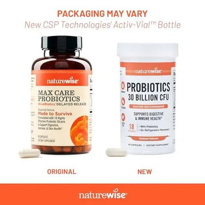 NatureWise Max Probiotics for Women & Men - 30 Billion CFU 18 Strains With Prebiotics - For Gut & Digestive Health - Delayed-Release Capsules, Gluten Free - 60 Capsules[2-Month Supply] - Maple Wellness Supplements