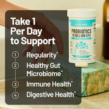 NatureWise Probiotics 70 Billion CFU - 17 Strains + Organic Prebiotics - Immune, Digestive & Gut Health Support for Women & Men - Vegetarian, Gluten-Free, Non-GMO - 60 Capsules[2-Month Supply] - Maple Wellness Supplements