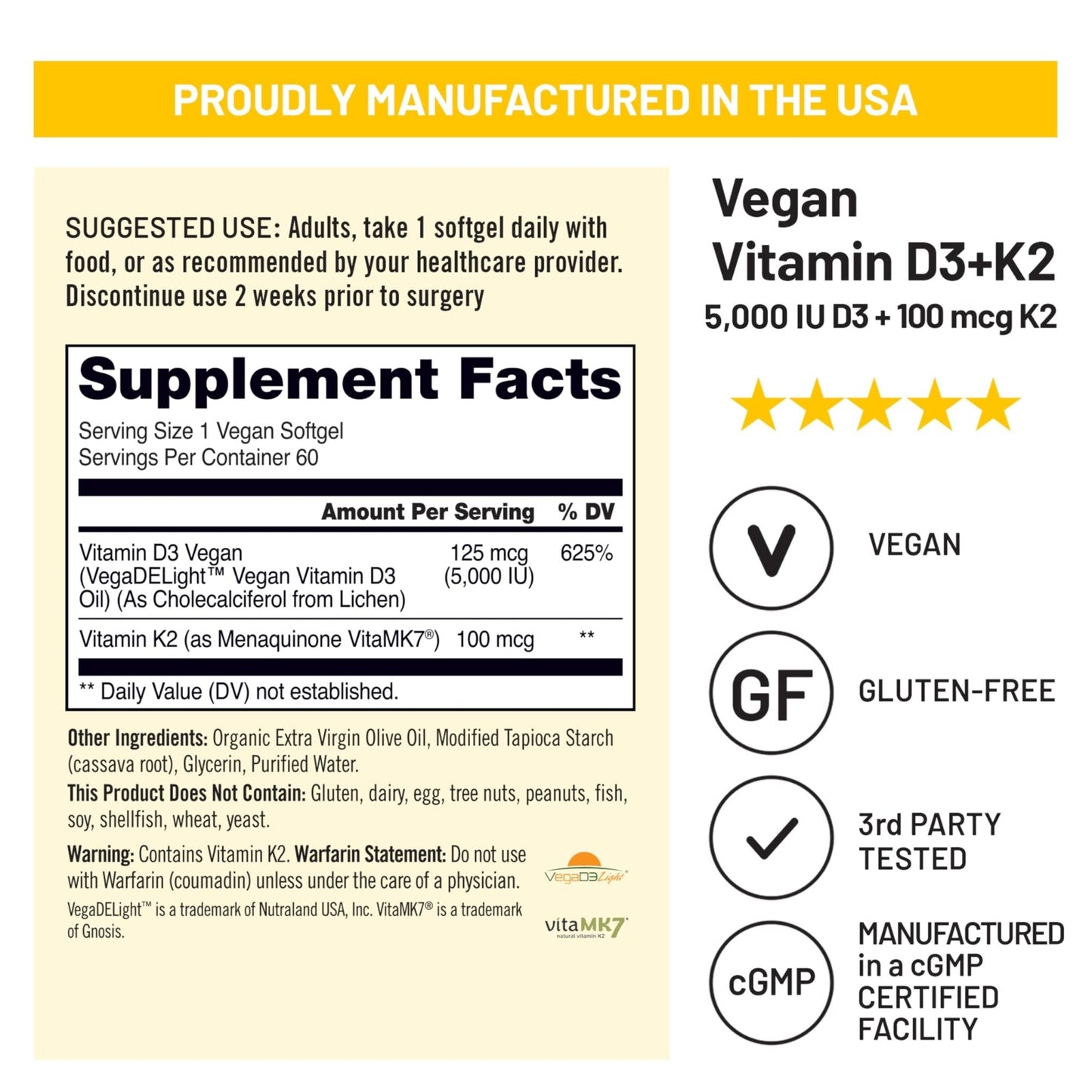 NatureWise Vegan Vitamin D3 + K2 - Natural D3 5000IU + Natural Vitamin K2 100mcg - Bone Support - High Absorption - Maple Wellness Supplements