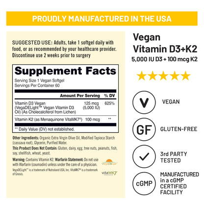 NatureWise Vegan Vitamin D3 + K2 - Natural D3 5000IU + Natural Vitamin K2 100mcg - Bone Support - High Absorption - Maple Wellness Supplements