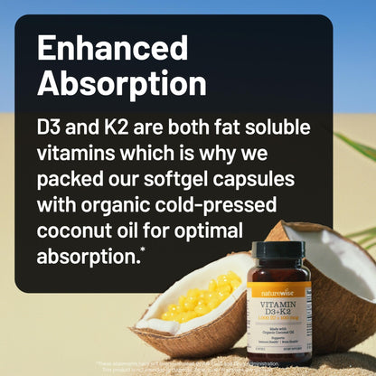 NatureWise Vitamin D3 1000IU + K2 (MK7) 100mcg with Organic Extra Virgin Coconut Oil - Supports Calcium Absorption, Bone & Immune Health - Non-GMO - Maple Wellness Supplements
