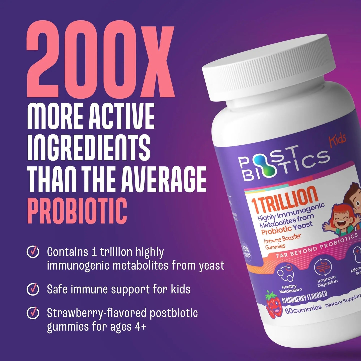 NAVEH PHARMA Postbiotics Kids Strawberry Gummies. Children’s Postbiotics, Ages 4+, 1 Trillion metabolites 200X Ingredients Than Probiotic Or Prebiotic. Gut Health, Immunity, Digestion & Microbiome - Maple Wellness Supplements