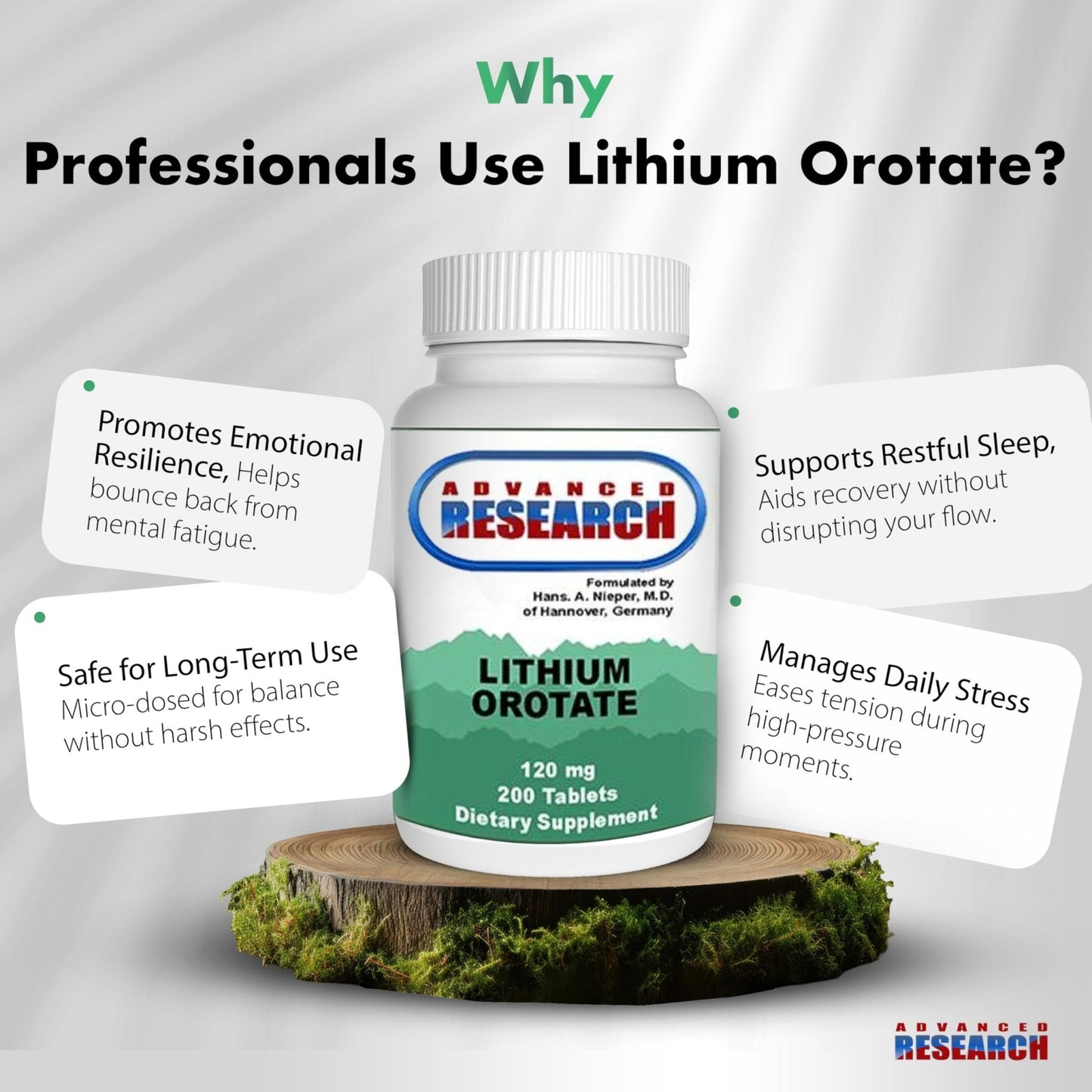NCI Advanced Research Dr. Hans Nieper Lithium Orotate 5mg, 200 Count, Lab Tested, Non-GMO, Gluten Free, Vegan Friendly - Maple Wellness Supplements