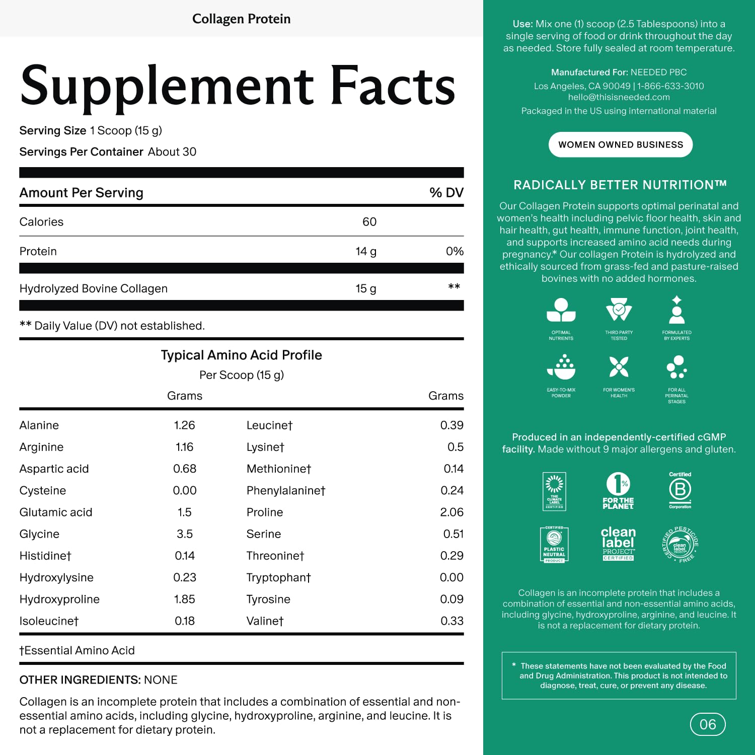 Needed. Hydrolyzed Collagen Protein Powder | Expert-Backed & Clean Sourced | Supports Skin, Hair, Joints | Grass-fed, Pasture-Raised, Hormone-Free | 1lb - Maple Wellness Supplements
