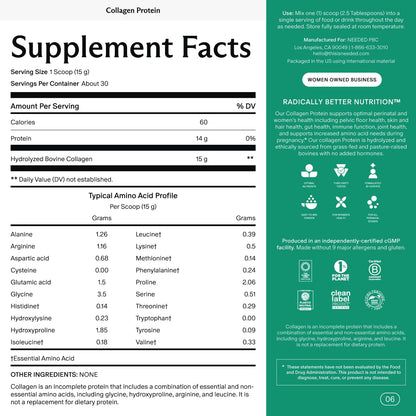 Needed. Hydrolyzed Collagen Protein Powder | Expert-Backed & Clean Sourced | Supports Skin, Hair, Joints | Grass-fed, Pasture-Raised, Hormone-Free | 1lb - Maple Wellness Supplements