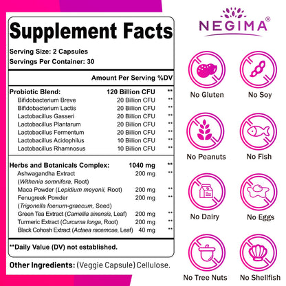 Negima Menopause Supplements for Women, 120 Billion CFUs Probiotics for Women, 13-in-1 Herbs & Botanicals Complex, for Menopause - 60 Caps - Maple Wellness Supplements