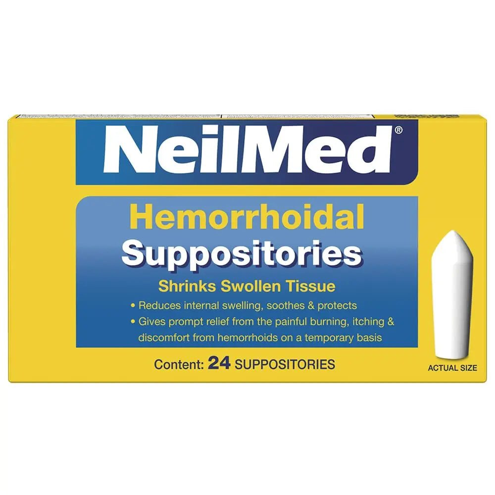 NeilMed Hemorrhoidal Suppositories, Shrinks Swollen Tissue, Relief from Burning, Itching and Discomfort of Hemorrhoids, 24 Count - Maple Wellness Supplements
