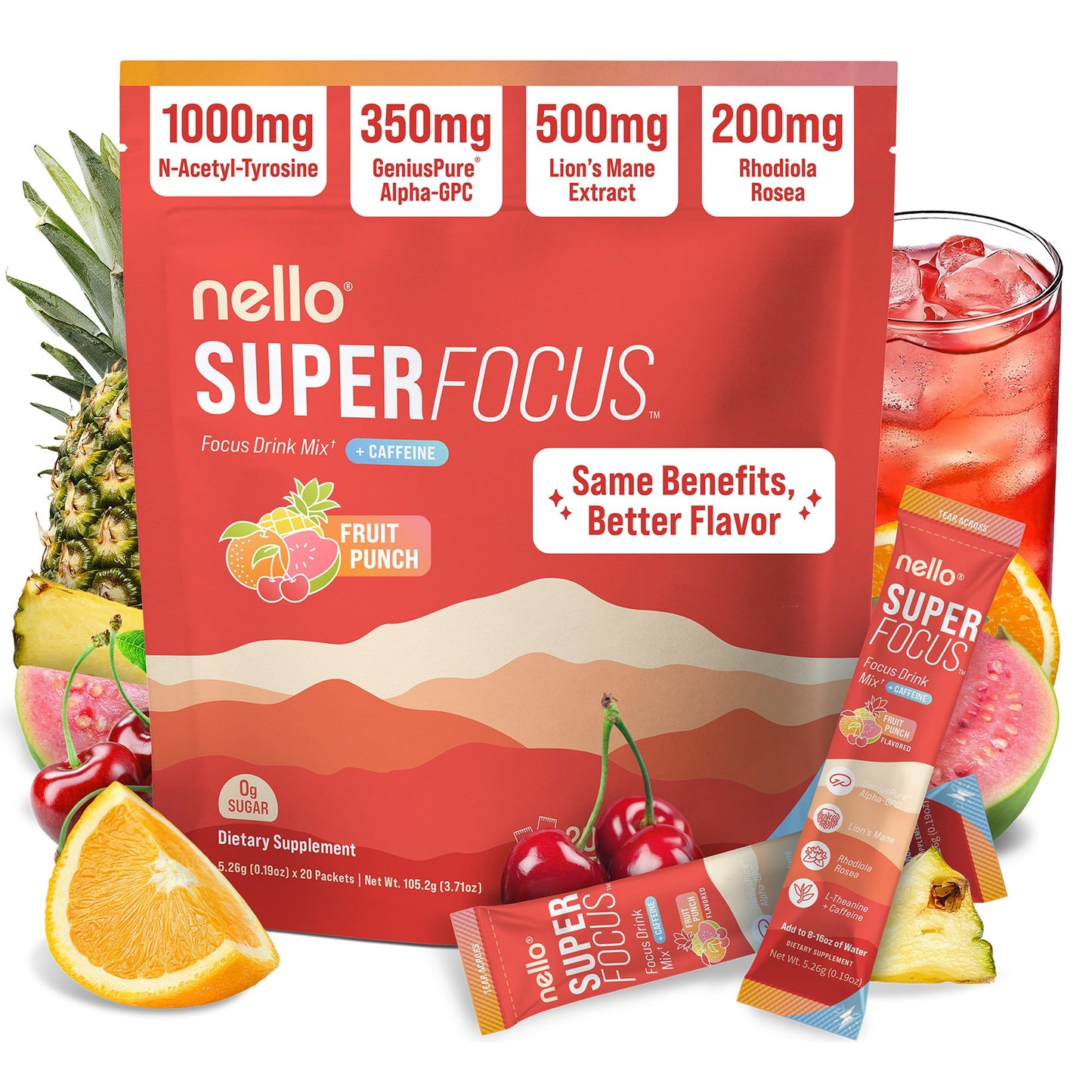 Nello Superfocus – Nootropic Focus Drink Mix for Productivity, Caffeine, L-Theanine, Rhodiola Rosea, Alpha-GPC, Lion’s Mane, Tyrosine, Sugar-Free Packets - With Caffeine (Pack of 20) (20 Servings (Caffeine), Fruit Punch) - Maple Wellness Supplements