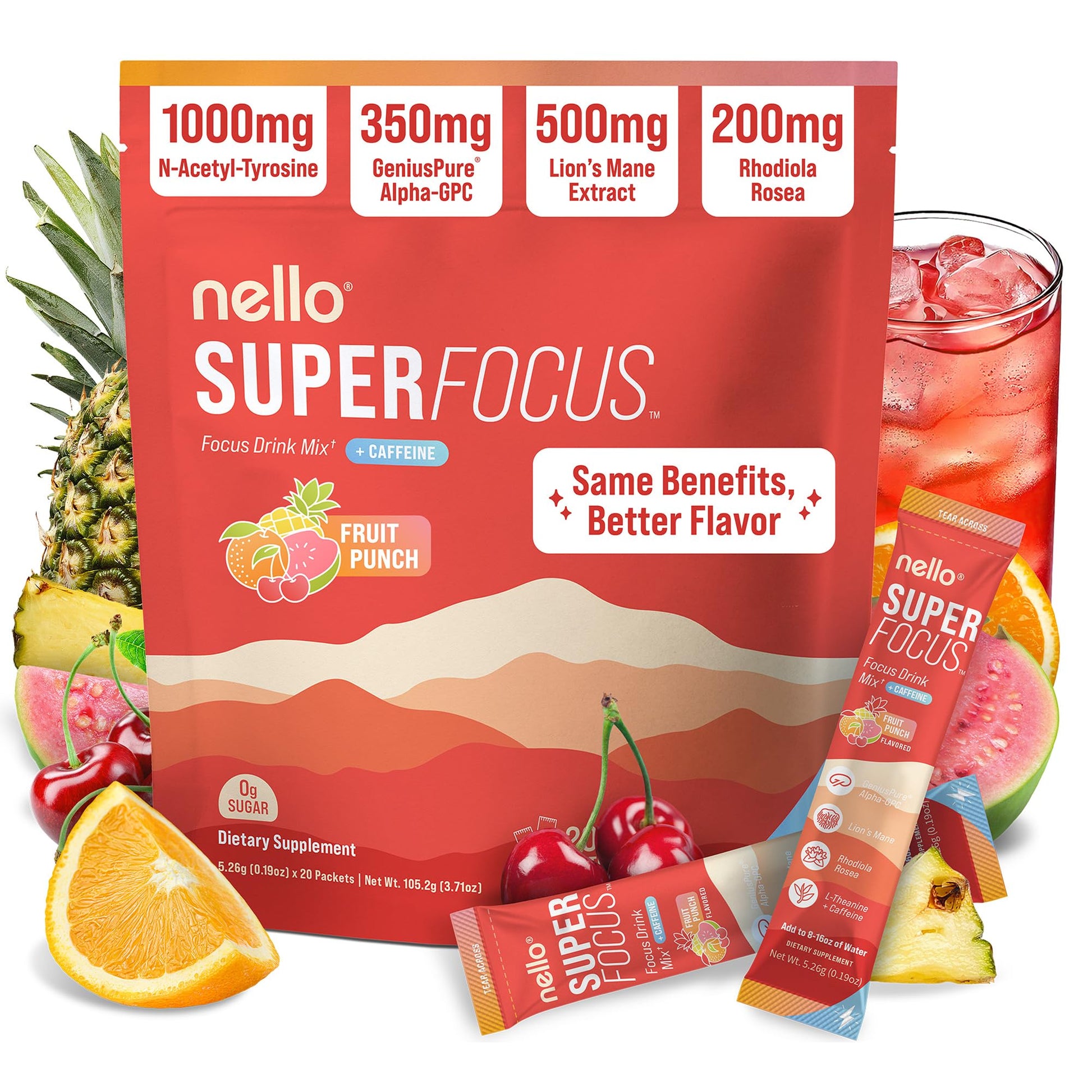 Nello Superfocus – Nootropic Focus Drink Mix for Productivity, Caffeine, L-Theanine, Rhodiola Rosea, Alpha-GPC, Lion’s Mane, Tyrosine, Sugar-Free Packets - With Caffeine (Pack of 20) (20 Servings (Caffeine), Fruit Punch) - Maple Wellness Supplements
