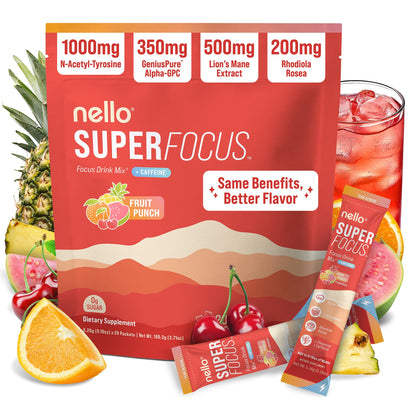 Nello Superfocus – Nootropic Focus Drink Mix for Productivity, Caffeine, L-Theanine, Rhodiola Rosea, Alpha-GPC, Lion’s Mane, Tyrosine, Sugar-Free Packets - With Caffeine (Pack of 20) (20 Servings (Caffeine), Fruit Punch) - Maple Wellness Supplements